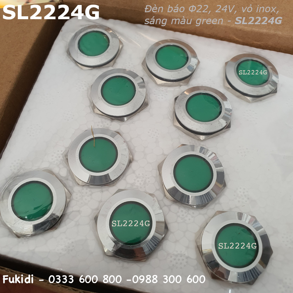 Đèn báo tín hiện vỏ inox 304, phi 22mm, 24V màu xanh lá - SL2224G