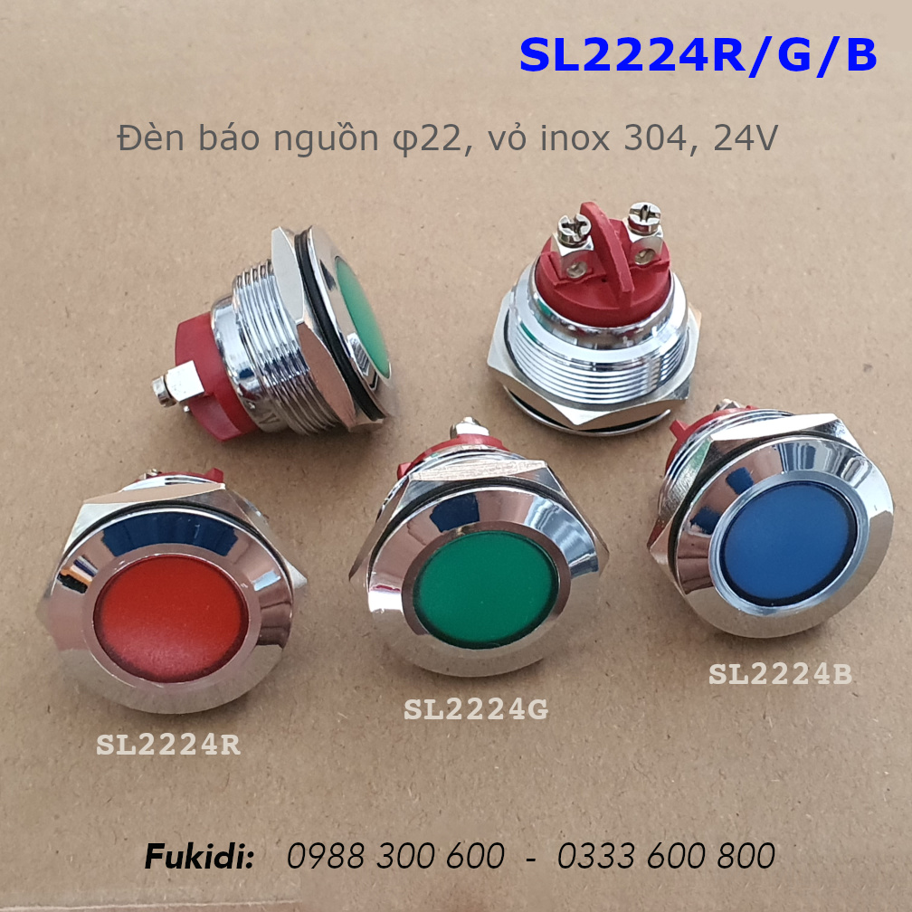 Đèn báo tín hiện vỏ inox 304, phi 22mm, 24V màu xanh blue - SL2224B