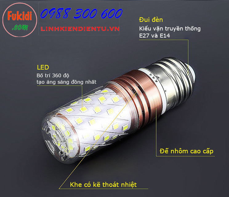 Đèn LED chiếu sáng dạng bắp ngô 220V 8W, màu sắc vàng ấm 3000K , đui kiểu vặn E14 