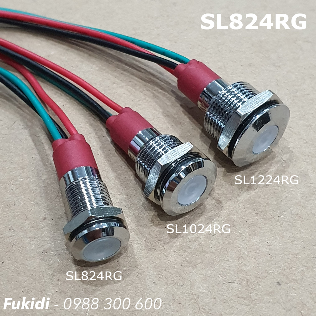 Nhìn cận cảnh ba mẫu đèn báo vỏ inox sáng hai màu phi 8, 10 và 12mm ứng với mả SL824RG, SL1024RG và SL1224RG
