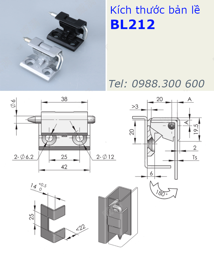 Bản lề tủ điện BL212 chất liệu nhôm nguyên khối màu trắng - BL212W