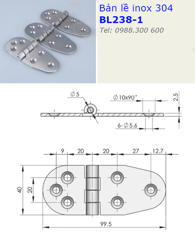 Bản lề inox 304 size 99.5x40mm dày 2.5mm - BL238-1