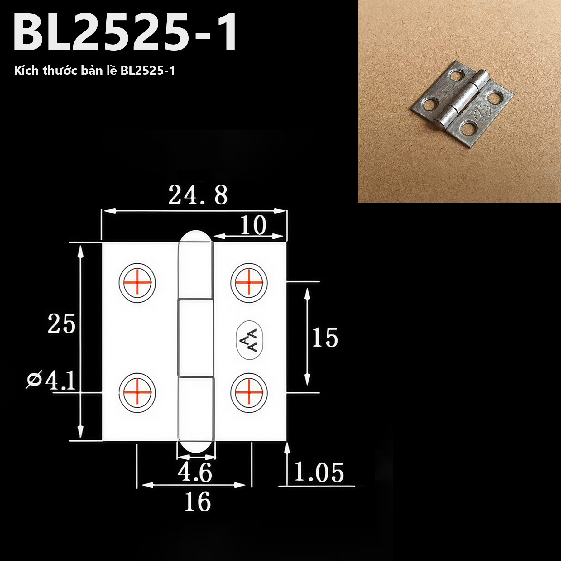 Bản lề cửa tủ Inox 304 size 25x25mm, dày 1.05mm - BL2525-1