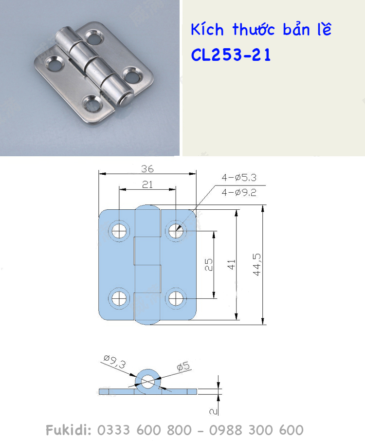 Bản lề tủ điện CL253-21, BL253-21 chất liệu inox 304, kích thước 36x44mm màu bạc