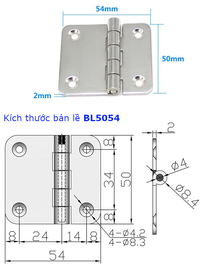 Bản lề inox kích thước 50x54mm dày 2mm - BL5054
