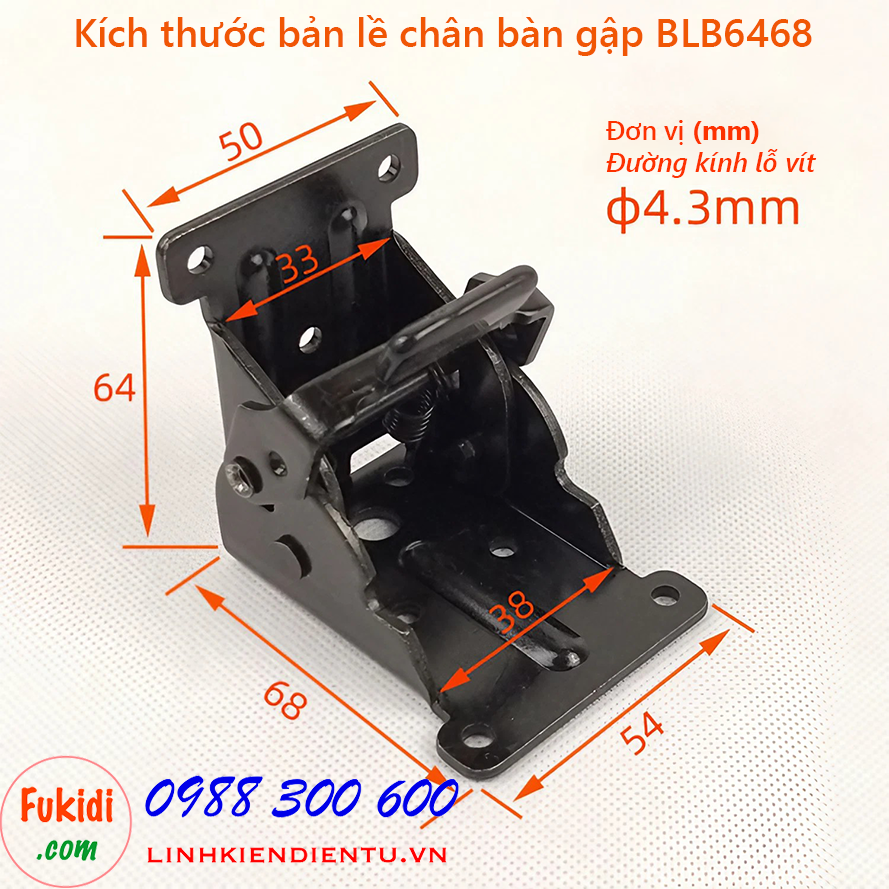 Kích thước Bản lề chân bàn gập thép 64x68mm màu đen - BLB6468B