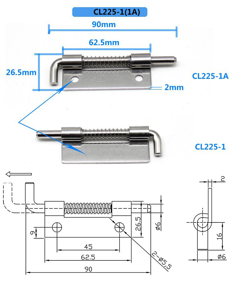 Bản lề tủ điện lò xo, thép không rỉ size 90x26.5mm dày 2mm, model CL225