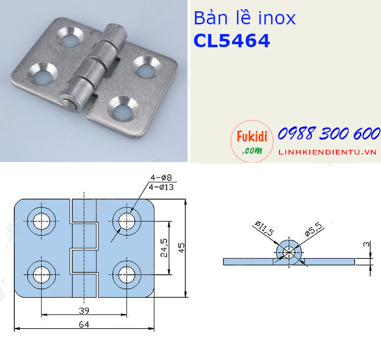 Bản lề inox 304 kích thước 45x64mm - CL4564I