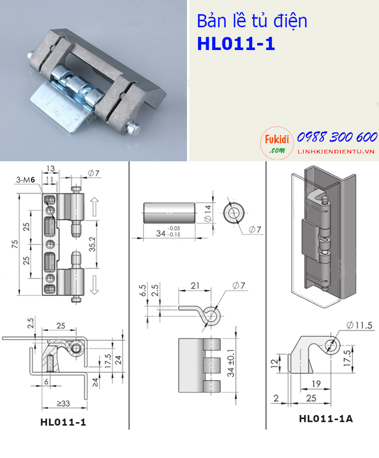 Bản vẽ chi tiết kích thước của bản lề HL011-1