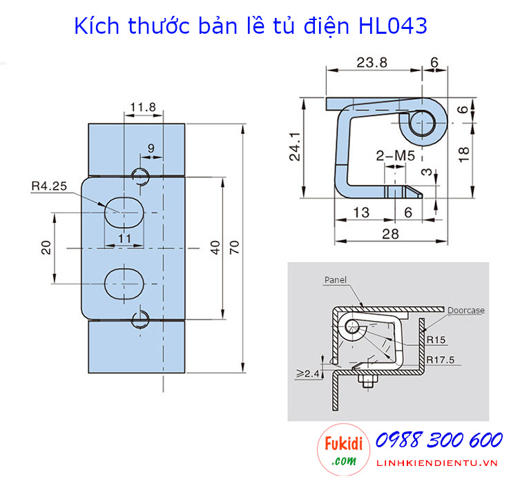 Bản vẽ chi tiết kích thước của bản lề tủ điện Hengzhu HL043