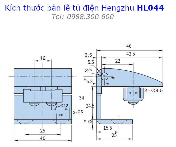 Bản lề tủ điện HL044 chất liệu hợp kim kẽm, size 46x40mm màu xanh - HL044G