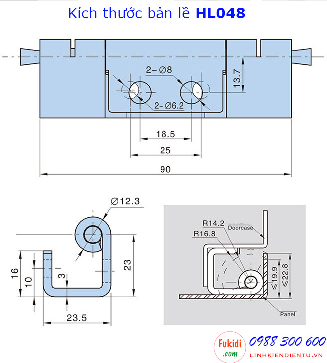 Bản vẽ chi tiết kích thước của bản lề tủ điện Hengzh HL048