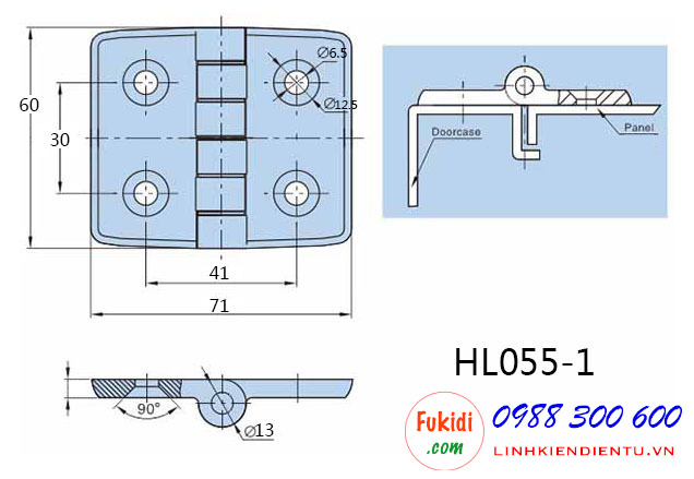 Bản lề tủ điện HL055-1, inox 304 kich thước 60x71mm