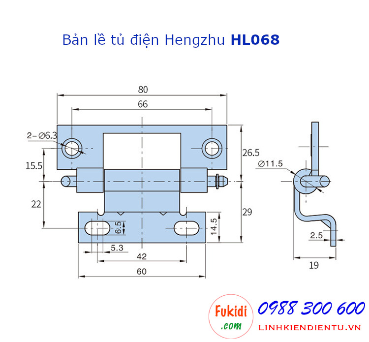 Bản lề tủ điện Hengzhu HL068, chất liệu thép, size 80x29mm