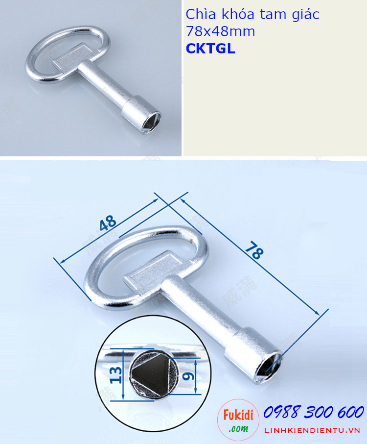 Chìa khóa tủ điện tam giác loại lớn size 78x48mm, chất liệu kẽm kim loại - CKTGL