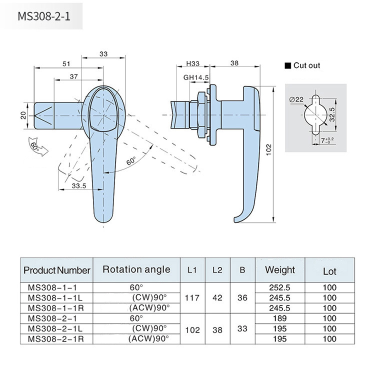 Chi tiết kích thước của khóa tủ điện Hengzhu MS308-2
