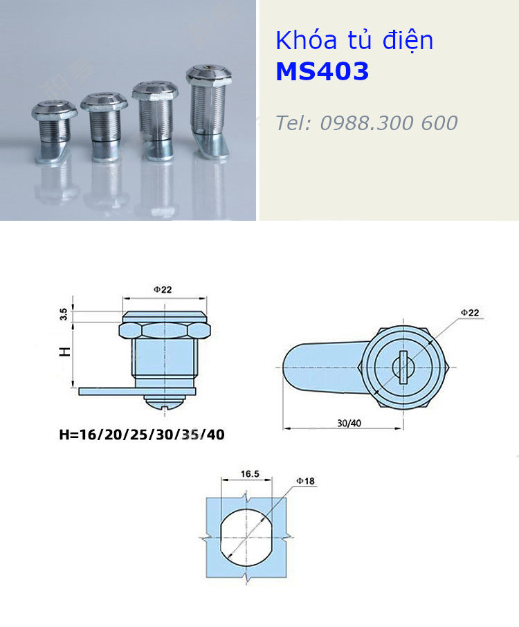 Khóa tủ điện MS403-30, phi 18mm, dài 30mm có chìa khóa