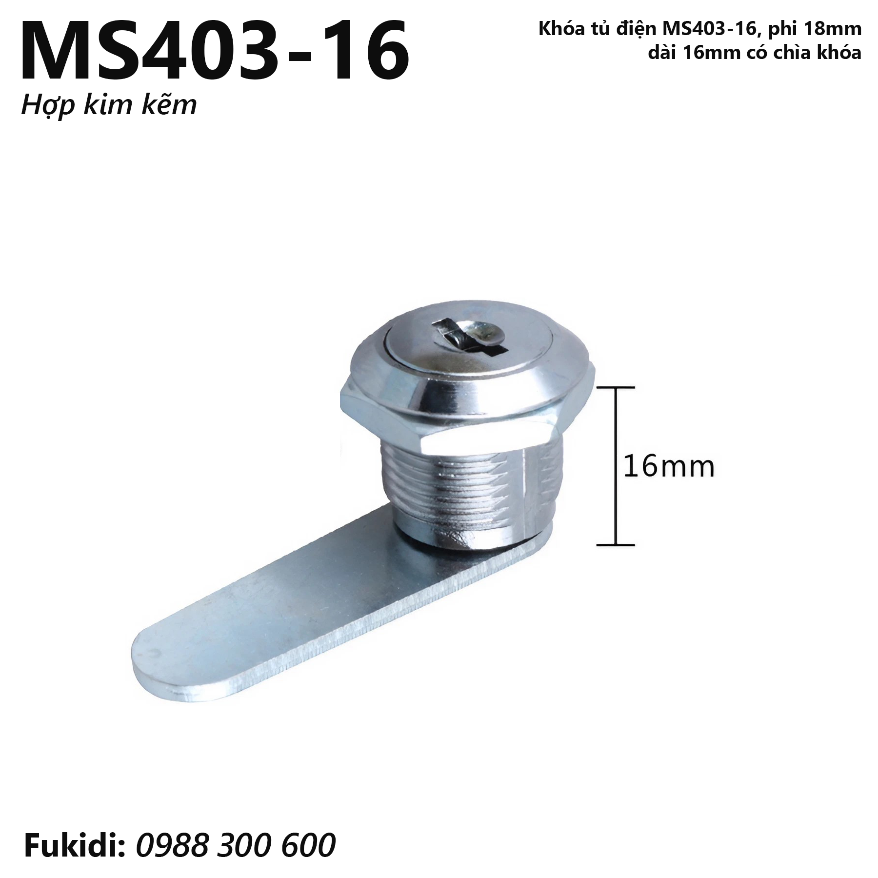 Khóa tủ điện hợp kim kẽm, phi 18mm, dài 16mm có chìa khóa - MS403-16