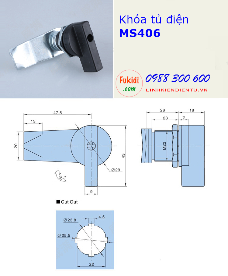 Khóa tủ điện MS406, chất liệu nhựa và thép, phi 22mm, cần gạt dài 47.5mm