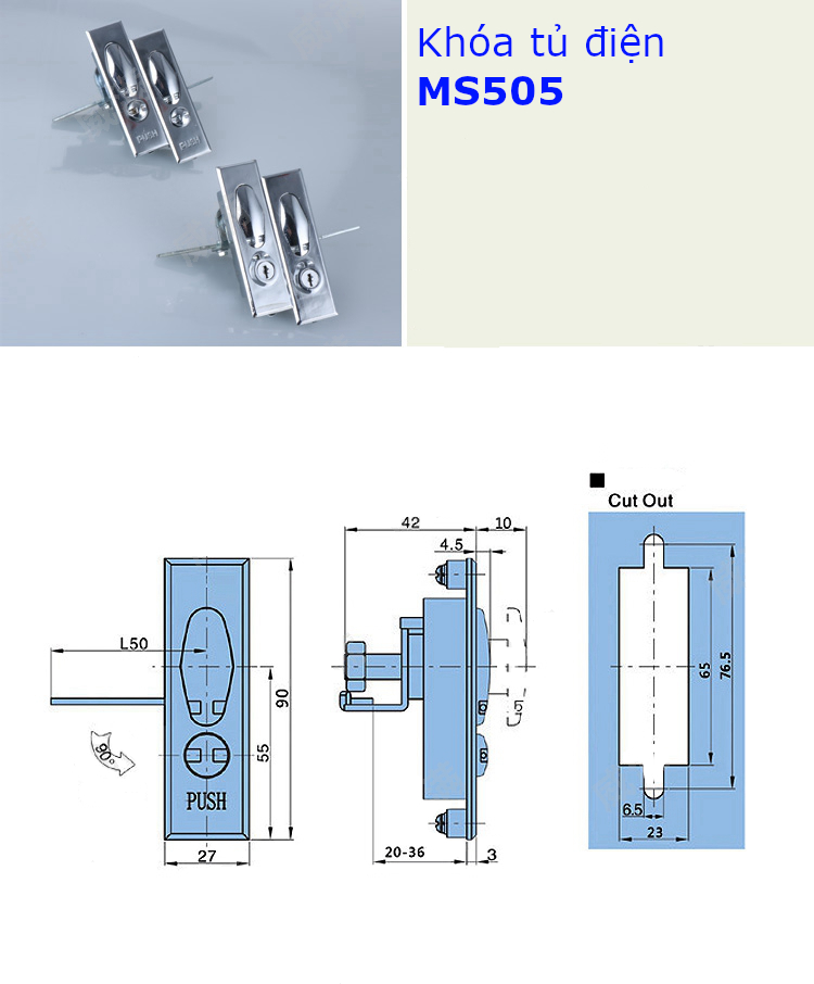 Khóa tủ điện MS505 chất liệu kẽm, có chìa khóa