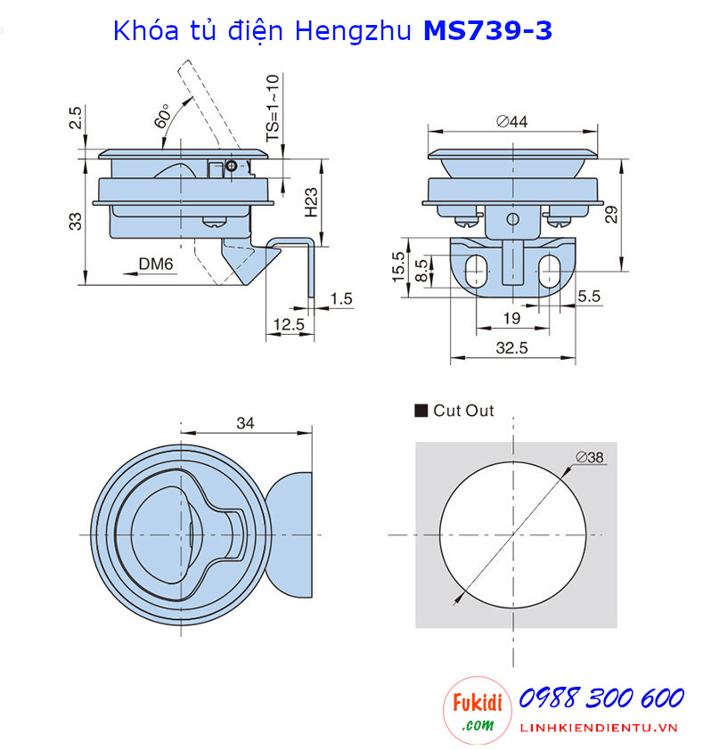 Bản vẽ chi tiết kích thước của khóa tủ điện Hengzhu MS739-3