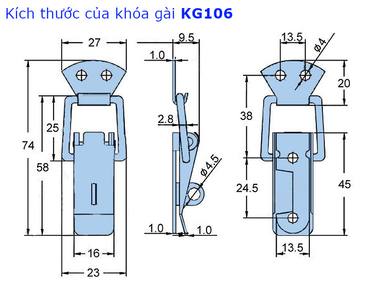 Khóa gài cửa tủ KG106, chất liệu SU304 kích thước tổng thể 74x32mm