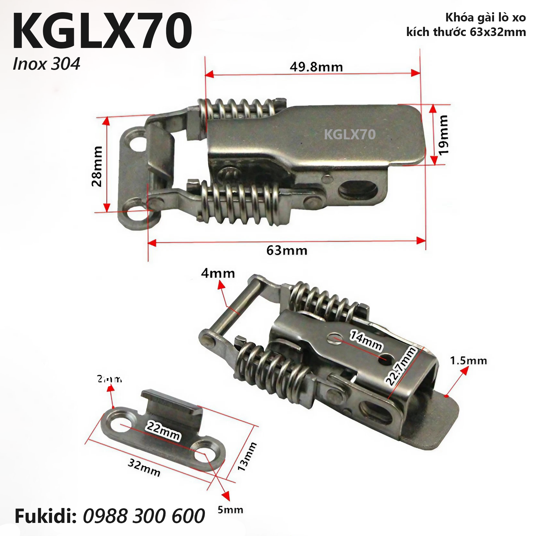 Khóa gài lò xo, inox 304, kích thước 63x32mm model KGLX70