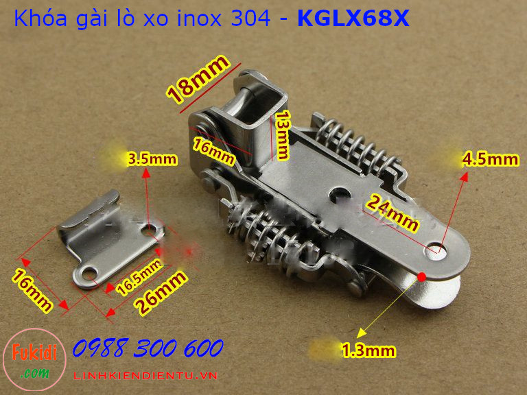 Khóa gài lò xo inox 304 dùng cho cạnh góc vuông 65mm - KGLX68X
