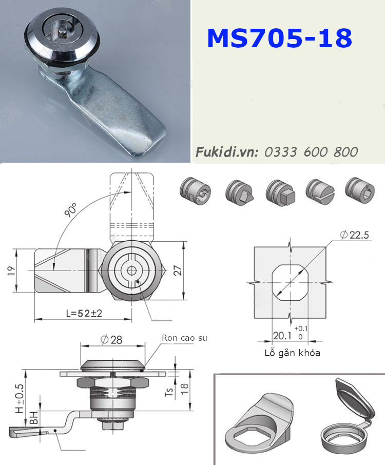 Khóa tủ điện MS705-18 chất liệu SU304 phi 22mm loại hình vuông