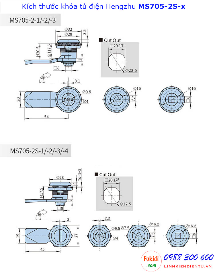 Chi tiết kích thước của các loại khóa tủ điện Hengzhu MS705-2-x và MS705-2S-x