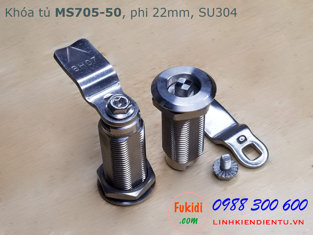 Khóa cửa tủ MS705-50 chất liệu SU304, thân dài 50mm, phi 22mm, cần gạt 45mm