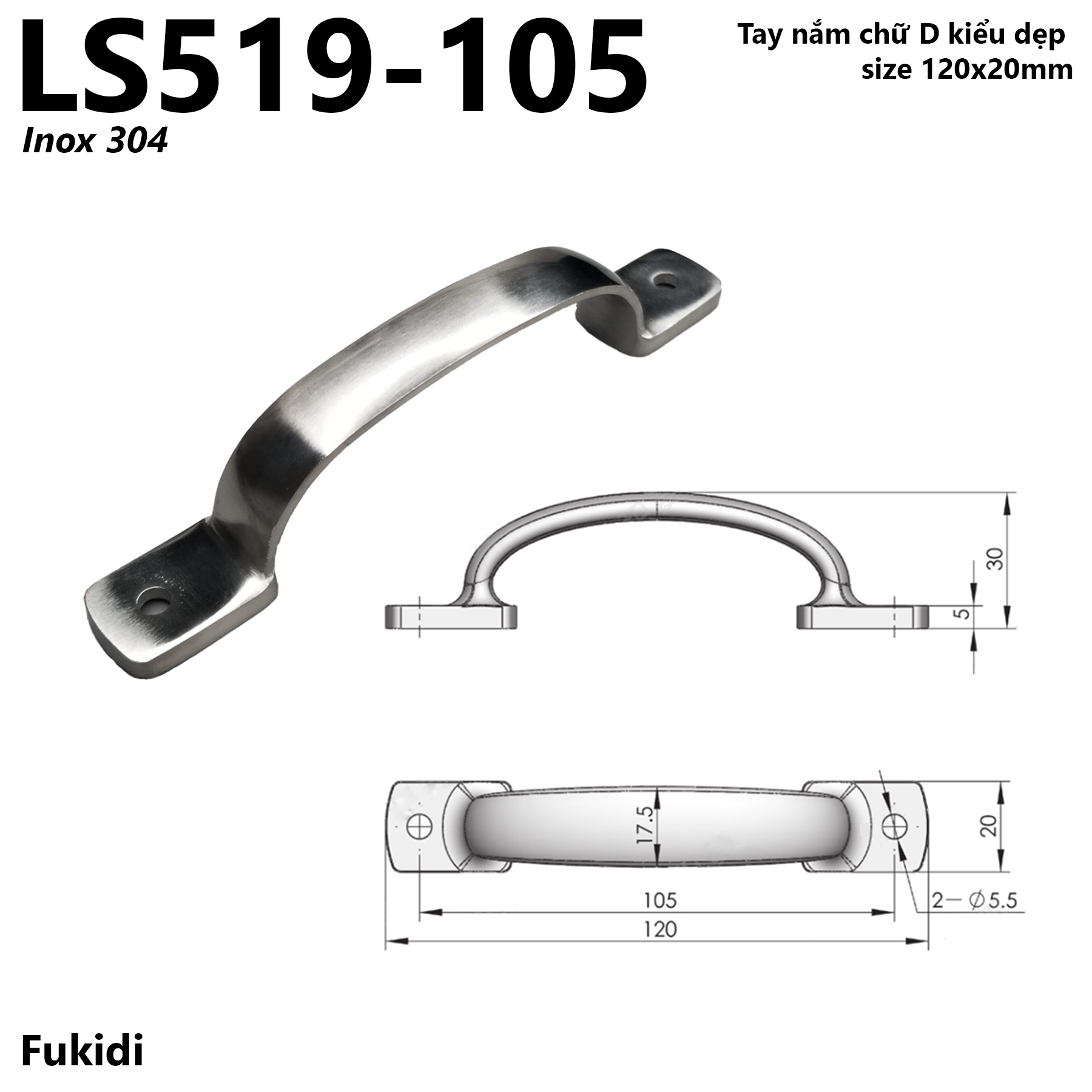 Tay nắm chữ D SU304 kiểu dẹp chiều dài 120mm - LS519