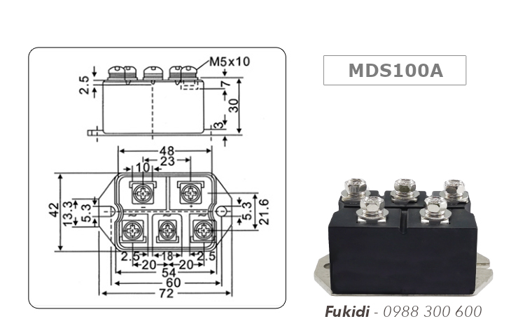 Chi tiết kích thước của cầu chỉnh lưu 3 pha 100A 1600V - MDS100A1600V
