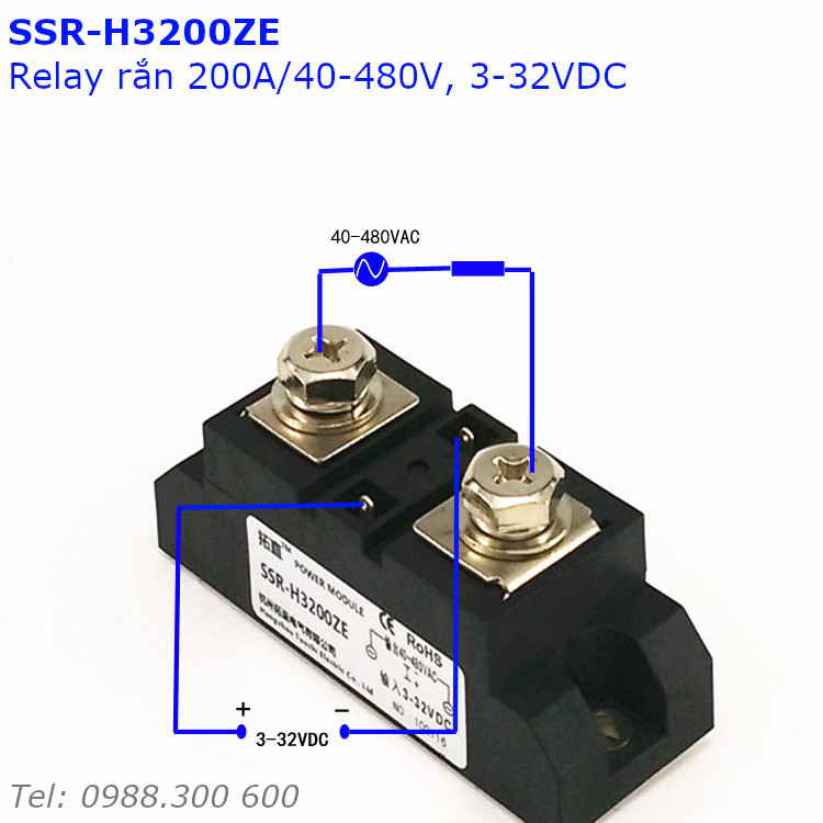 Relay rắn một pha 200A loại DC điều khiển AC 40-480VAC  SSR-H3200ZE