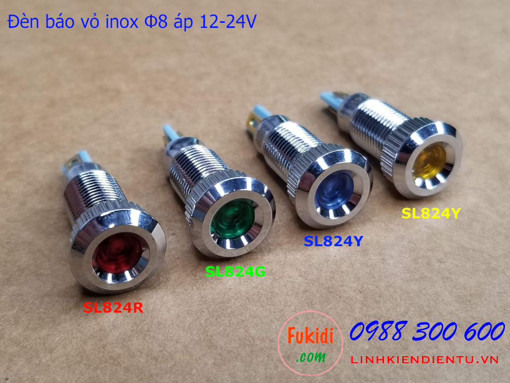 Bốn màu của đèn báo tín hiệu Φ8mm vỏ inox chống thấm, điện áp 12-24v: màu đỏ SL824R, màu xanh lá SL824G, màu xanh dương SL824B và màu vàng SL824Y