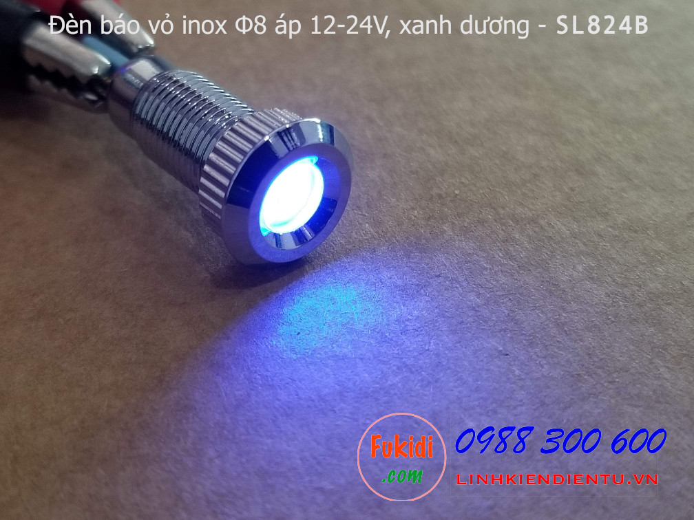 Đèn báo tín hiệu Φ8mm vỏ inox chống thấm, điện áp 12-24v màu xanh dương - SL824B