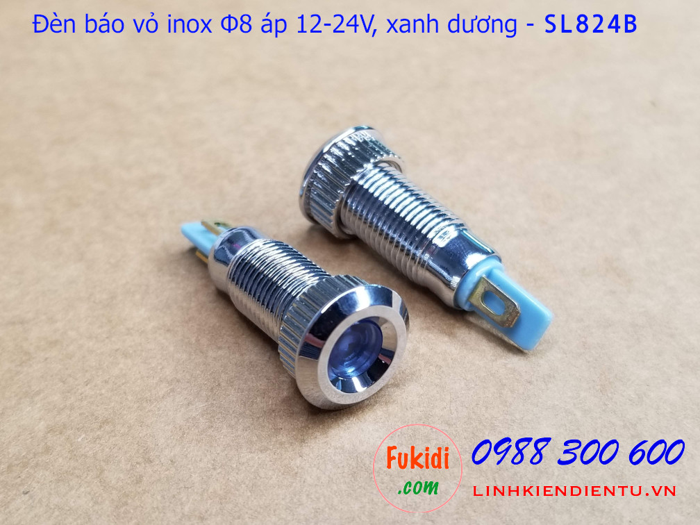 Đèn báo tín hiệu Φ8mm vỏ inox chống thấm, điện áp 12-24v màu xanh dương - SL824B