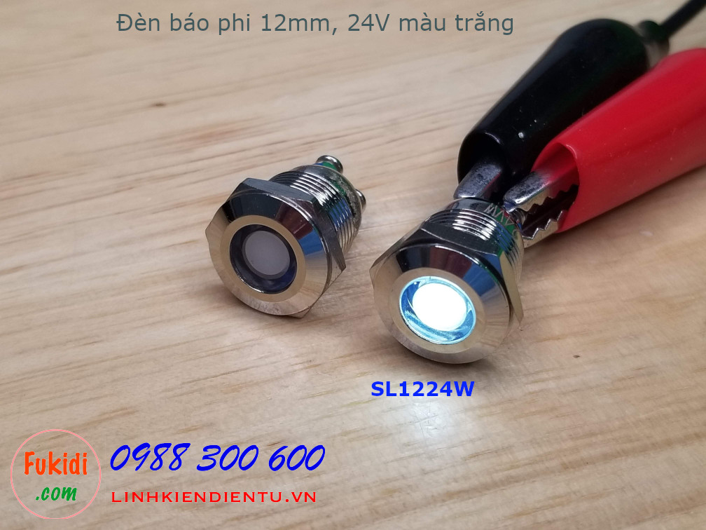 Đèn LED báo nguồn phi 12mm vỏ kim loại, 12-24V màu trắng SL1224W