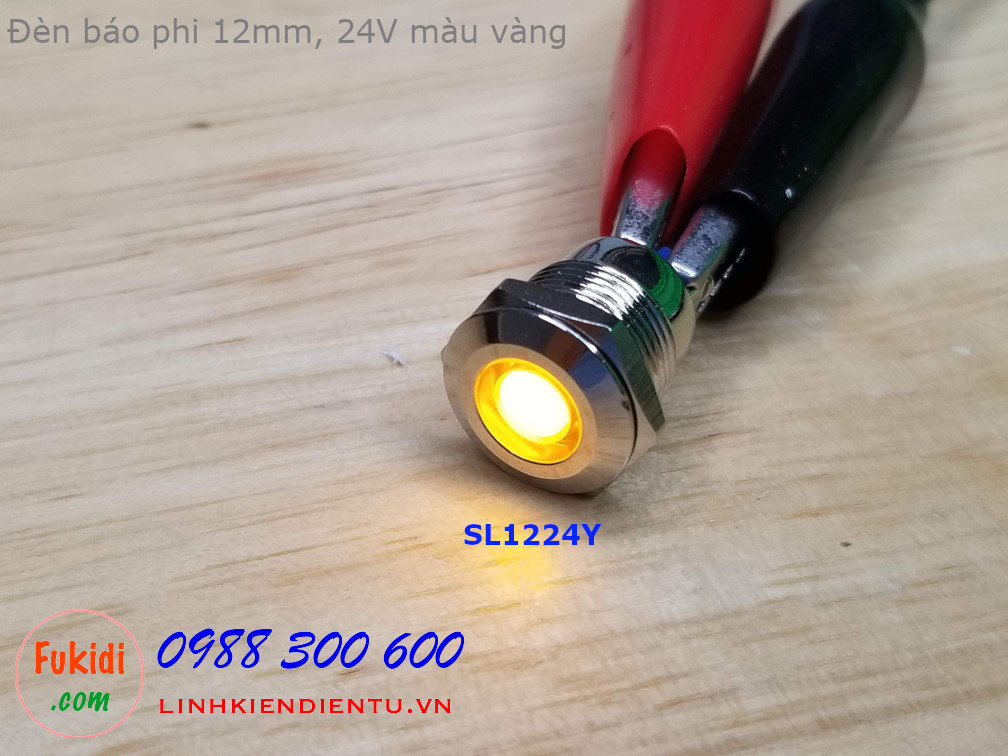 Đèn LED báo nguồn phi 12mm vỏ kim loại, 12-24V màu vàng SL1224Y
