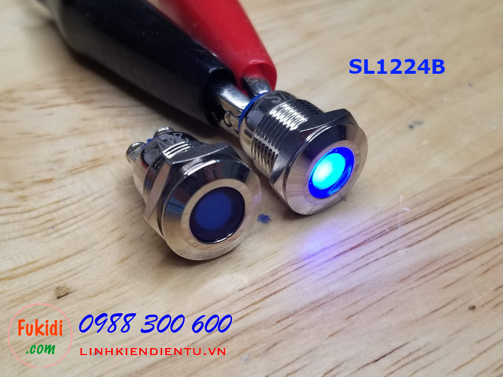 Đèn LED báo nguồn phi 12mm vỏ kim loại, 12-24V màu blue SL1224B