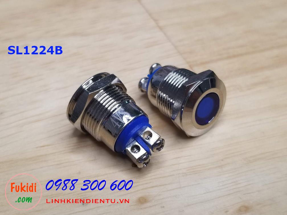 Đèn LED báo nguồn phi 12mm vỏ kim loại, 12-24V màu blue SL1224B