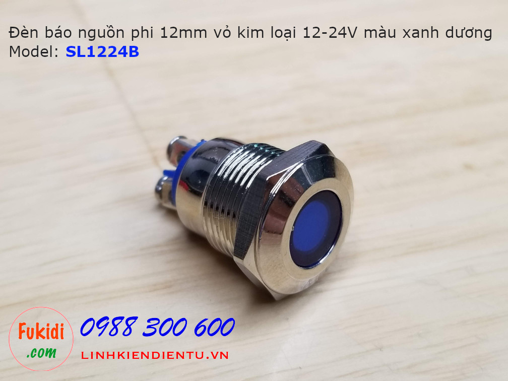Đèn LED báo nguồn phi 12mm vỏ kim loại, 12-24V màu blue SL1224B