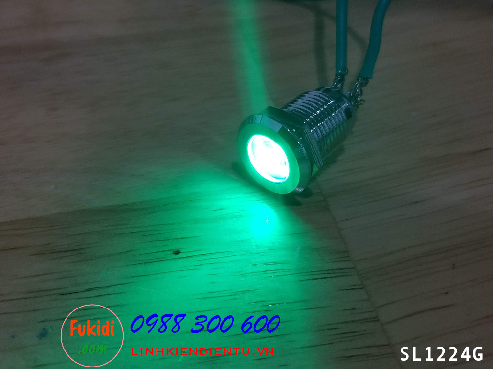 Đèn LED báo nguồn 24V, phi 12mm vỏ kim loại màu xanh SL1224G