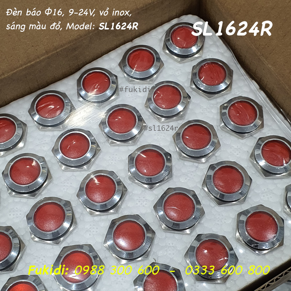Đèn LED báo nguồn 24V, phi 16mm vỏ kim loại màu đỏ SL1624R