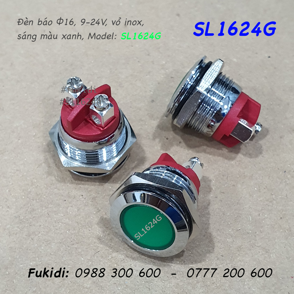 Đèn LED báo nguồn 24V, phi 16mm vỏ kim loại màu xanh lá SL1624G