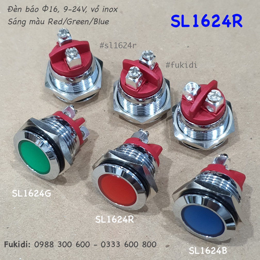 Đèn LED báo nguồn 24V, phi 16mm vỏ kim loại màu xanh lá SL1624G