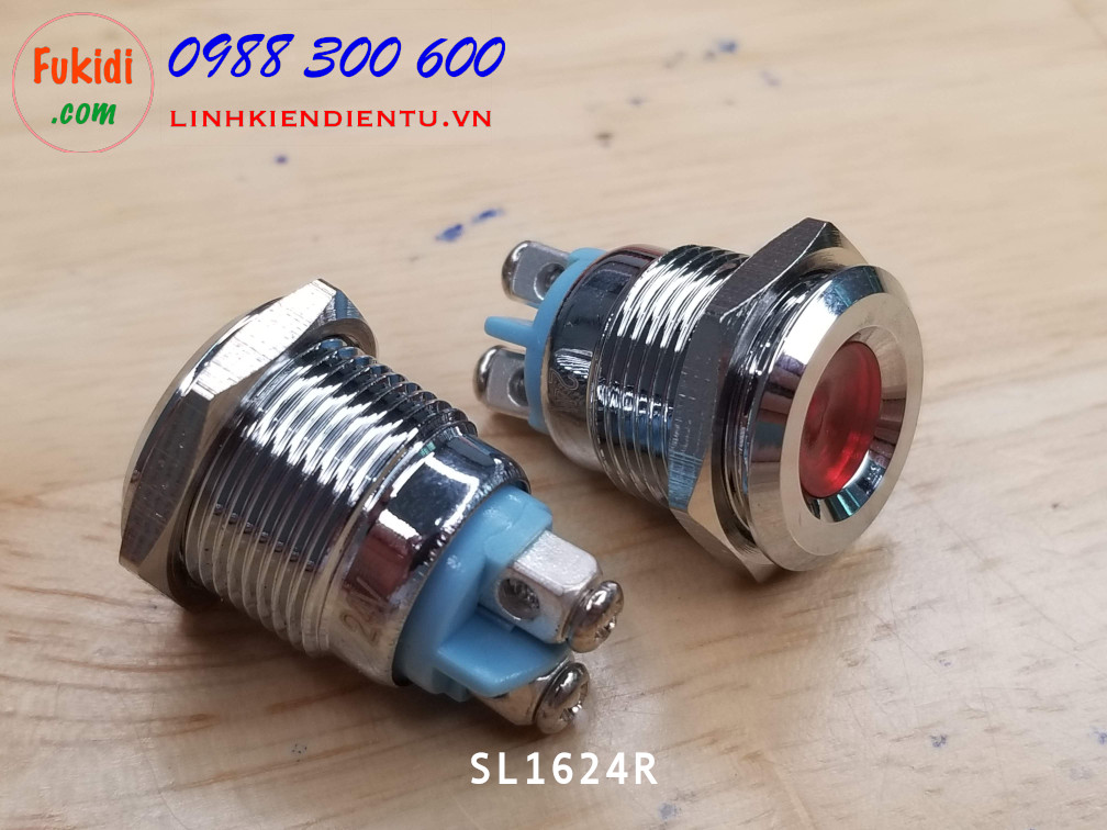 Đèn LED báo nguồn 24V, phi 16mm vỏ kim loại màu đỏ SL1624R