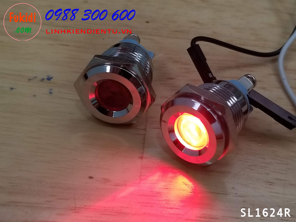 Đèn LED báo nguồn 24V, phi 16mm vỏ kim loại màu đỏ SL1624R