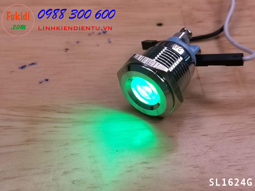 Đèn LED báo nguồn 24V, phi 16mm vỏ kim loại màu xanh lá SL1624G