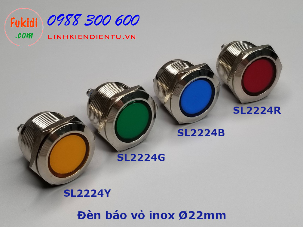 Đèn báo tín hiệu vỏ inox, Ø22mm, 12-24V, màu xanh dương - SL2224B